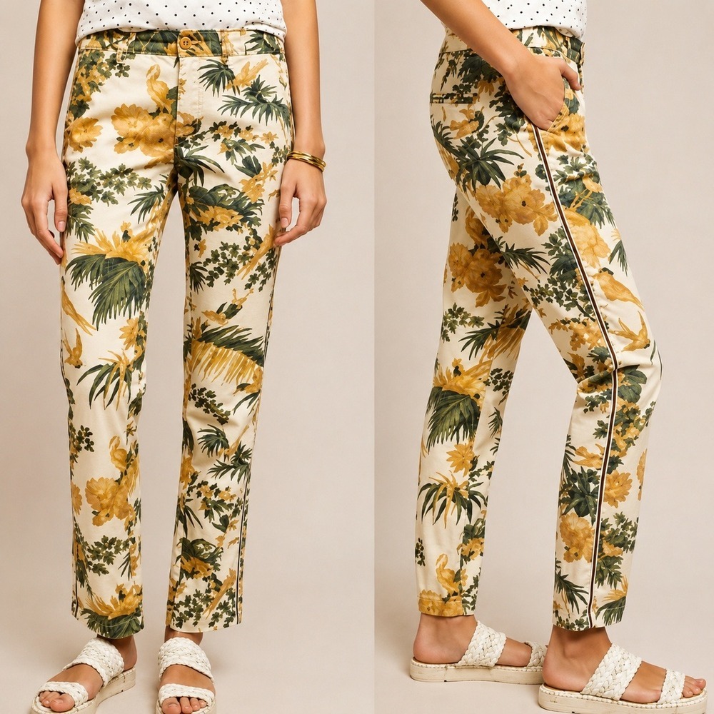 Anthropologie NEW Chino Relaxed Tropical Novelty Print Side Stripe Pants SZ 28